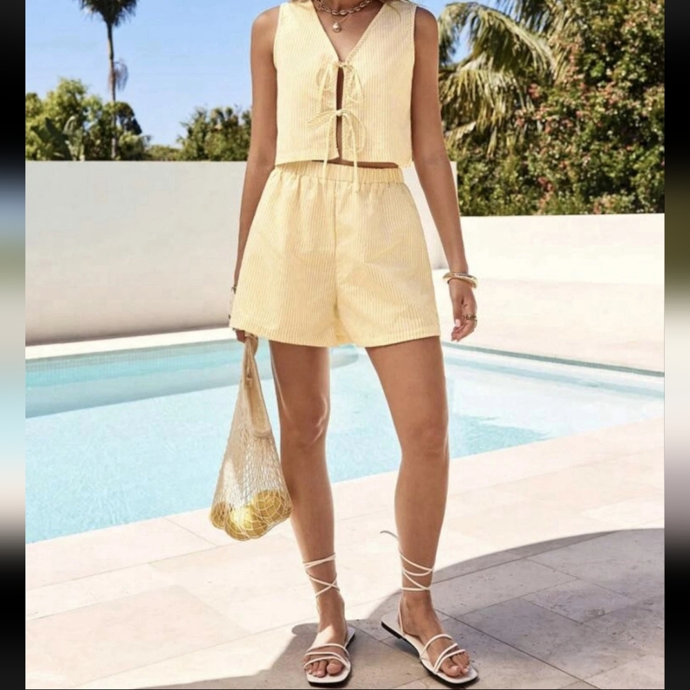 Yellow Gingham Two Piece Set SUMMER Girly Beach Coastal PASTEL Size SMALL